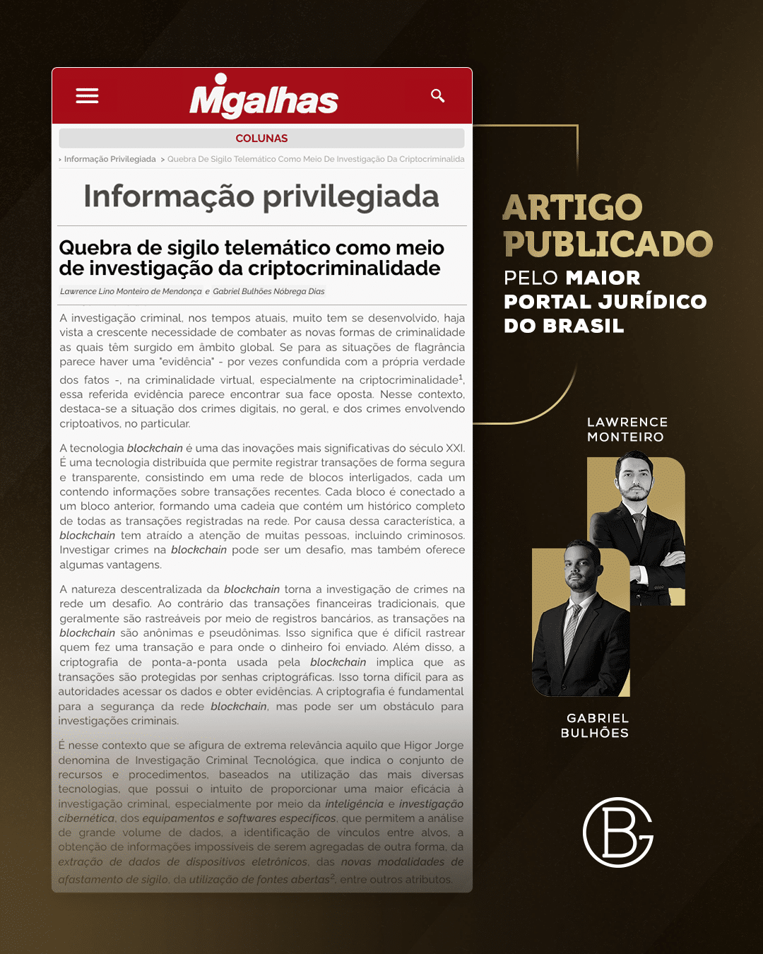 Artigo publicado no maior portal jurídico do Brasil sobre "Quebra de sigilo telemático como meio de investigação da criptocriminalidade".