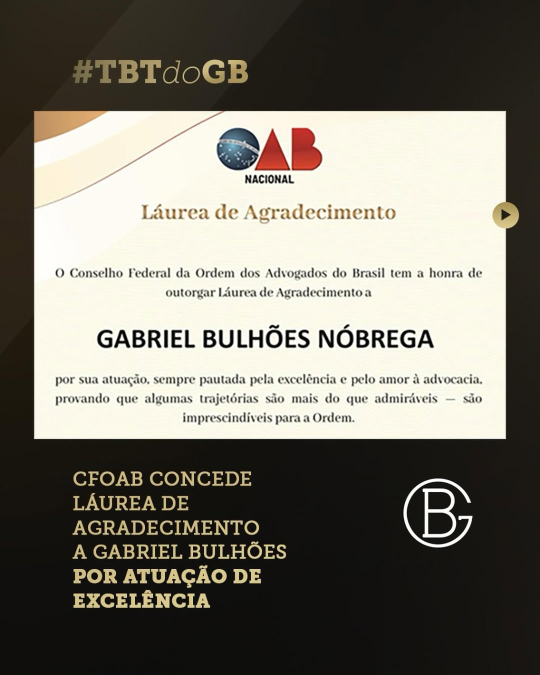 CFOAB concede láurea de agradecimento a Gabriel Bulhões por atuação de excelência